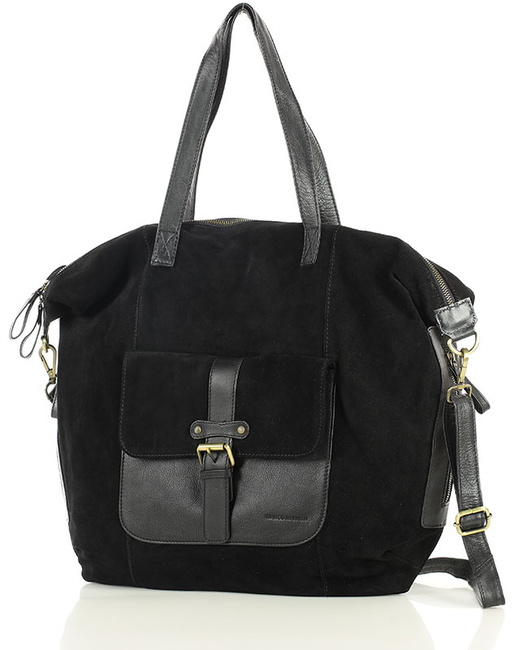 Duża czarna shopperka zamszowa skórzana z kieszenią – MARCO MAZZINI