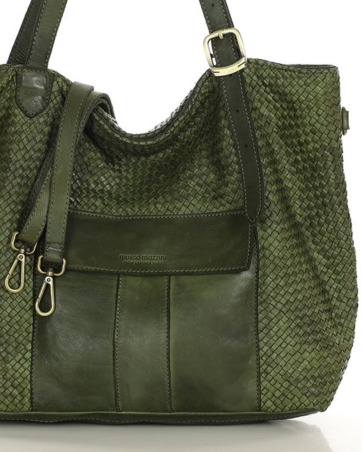Duża torebka pleciona na ramię shopperka skórzana - MARCO MAZZINI zielona