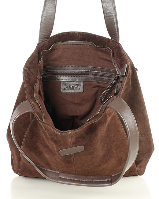 Miękka torba zamszowa skórzana shopper na ramię - MARCO MAZZINI - ciemny brąz