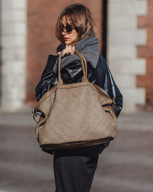 Duża torba shopper z plecionej skóry naturalnej - MARCO MAZZINI beżowa