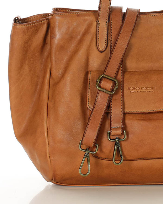 Torebka damska trzykomorowa shopperka skórzana - MARCO MAZZINI brąz camel