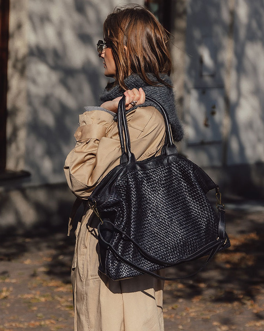 Duża torba shopper z plecionej skóry naturalnej - MARCO MAZZINI czarna