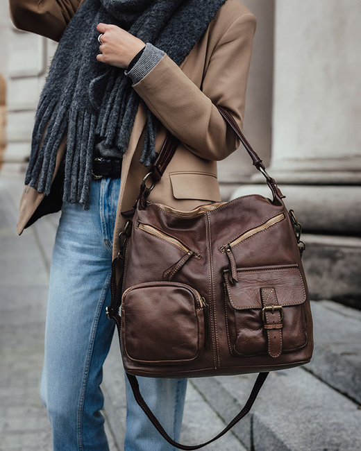 Torebka skórzana na ramię pockets old pelle lavata - MARCO MAZZINI brąz