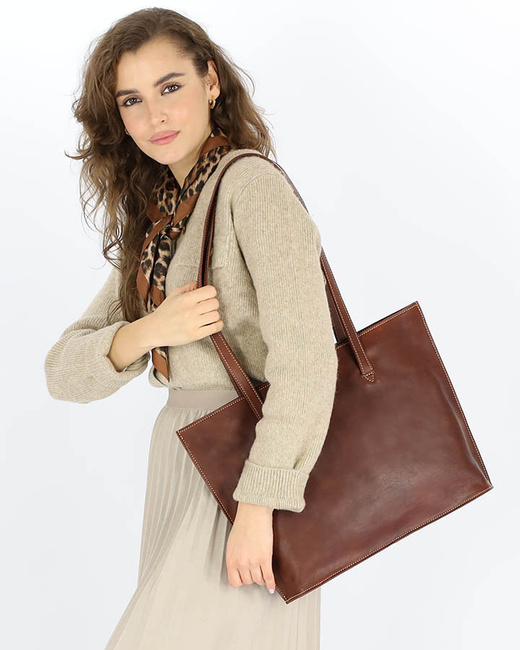 Duża torba shopperka biznesowa damska skórzana - MARCO MAZZINI brązowa