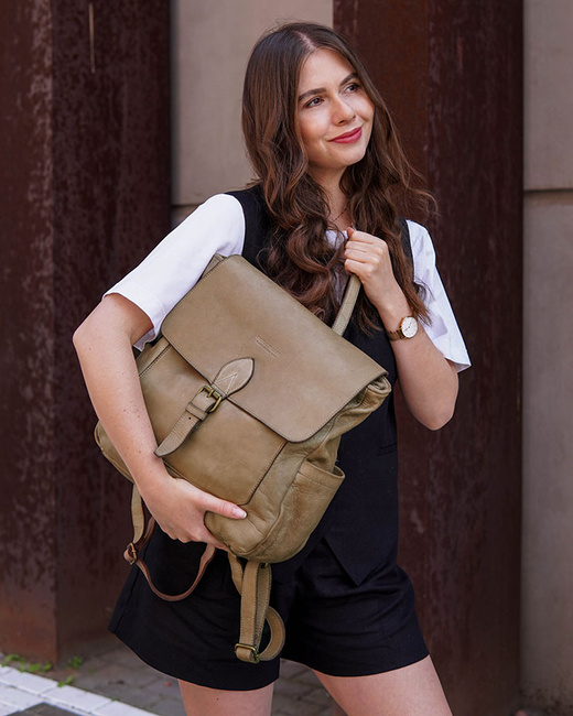 Plecak skórzany handmade z kieszeniami - MARCO MAZZINI beż cappuccino