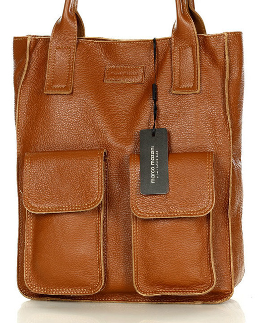 Torebka skórzany shopper bag z kieszeniami - MARCO MAZZINI brąz karmel