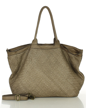 Duża torba shopper z plecionej skóry naturalnej - MARCO MAZZINI beżowa