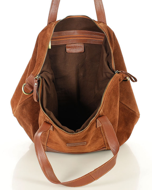 Torba skórzana zamszowa shopper z kieszeniami - It bag MARCO MAZZINI brązowy
