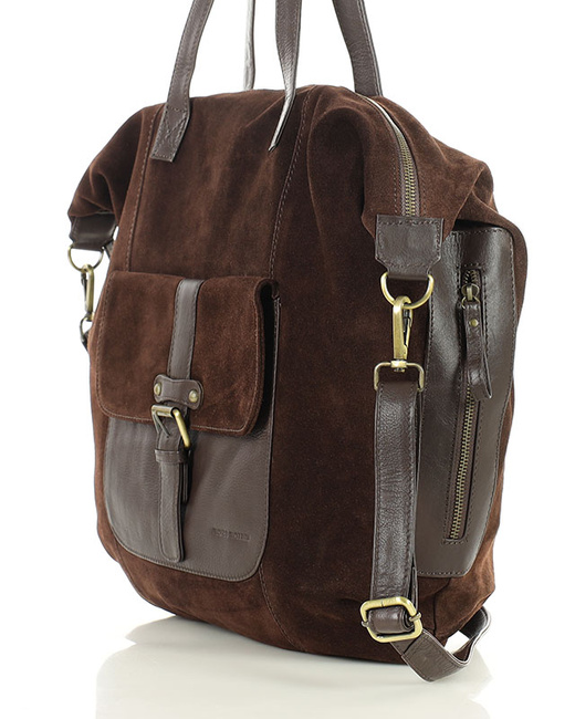 Duża ciemnobrązowa shopperka zamszowa skórzana z kieszenią – MARCO MAZZINI