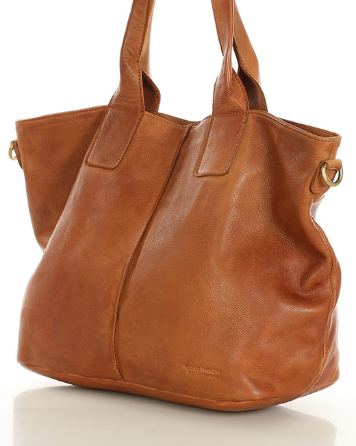 Torebka skórzana na ramię shopper na długich rączkach - MARCO MAZZINI brąz camel