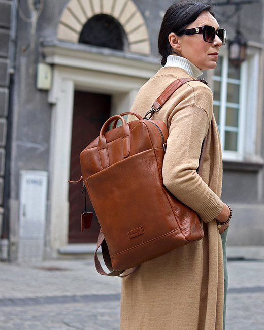 Elegancki plecak damski duży torba skórzana premium MARCO MAZZINI kamelowy