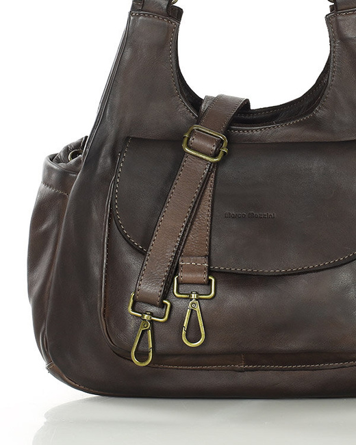 Włoska torebka skórzana z kieszenią z przodu retro bag handmade - MARCO MAZZINI ciemny brąz caffe