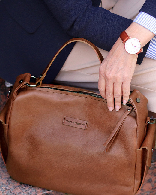 Luksusowa torebka kuferek na ramię skóra naturalna MARCO MAZZINI camelowa