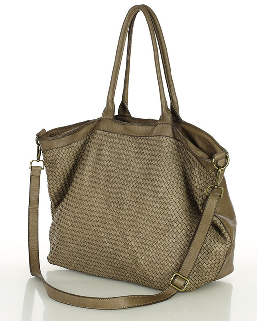 Duża torba shopper z plecionej skóry naturalnej - MARCO MAZZINI beżowa