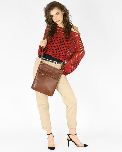 Torebka skórzana listonoszka prostokątna klasy premium - MARCO MAZZINI brązowa