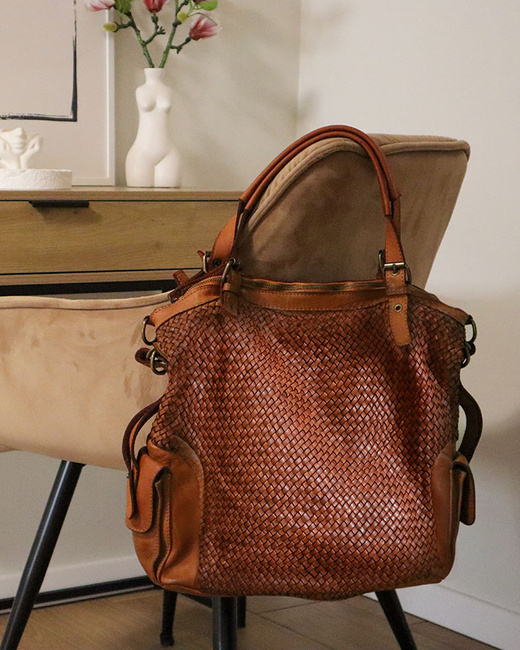 Miejska torebka z regulowanymi rączkami shopper pleciona skóra handmade - MARCO MAZZINI brąz karmel