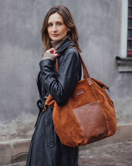 Torba skórzana zamszowa shopper z kieszeniami - It bag MARCO MAZZINI brązowy