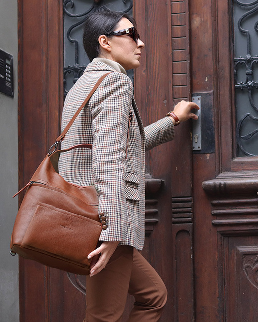 Ekskluzywna torebka skórzana premium z kieszonkami MARCO MAZZINI kamelowa