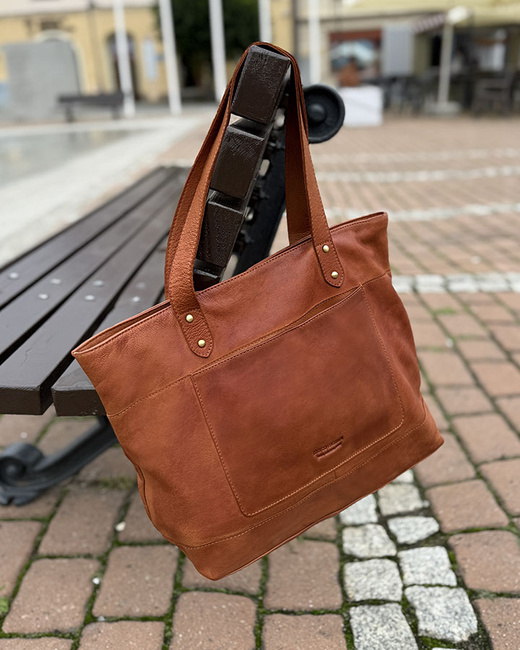 Torebka skórzana shopper damski z przegródkami - MARCO MAZZINI camelowy brąz