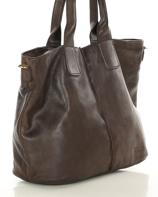 Torebka skórzana na ramię shopper na długich rączkach - MARCO MAZZINI ciemny brąz