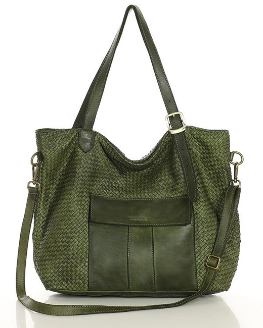 Duża torebka pleciona na ramię shopperka skórzana - MARCO MAZZINI zielona