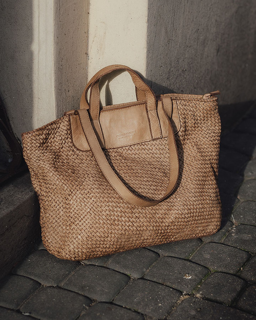 Torba damska pleciona shopper & shoulder leather bag - MARCO MAZZINI beż taupe