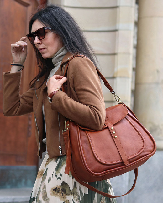 Saddle bag skórzana torebka damska na ramię - MARCO MAZZINI brąz kamelowy