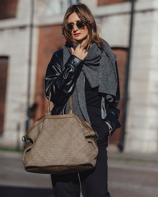 Duża torba shopper z plecionej skóry naturalnej - MARCO MAZZINI beżowa