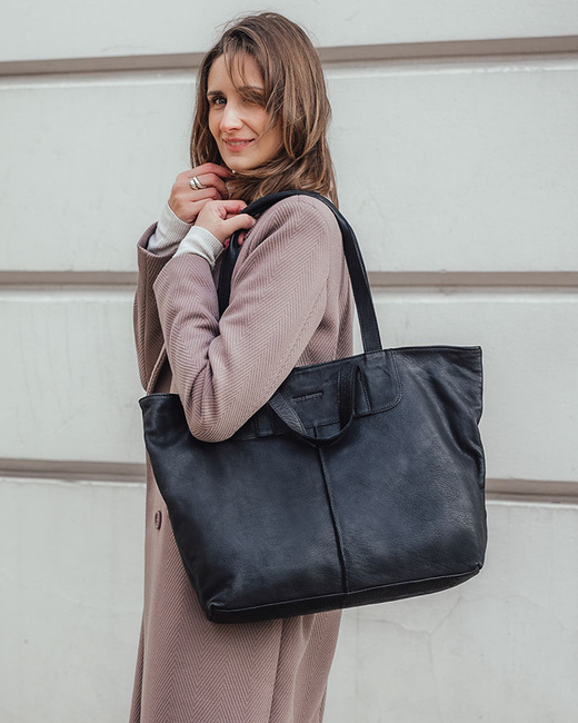 Duża torba shopper skórzana podwójne rączki - MARCO MAZZINI czarna