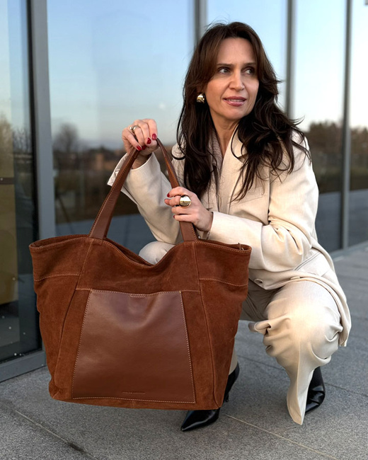 Duża torba zamszowa shopper skórzany z kieszenią - MARCO MAZZINI brązowy