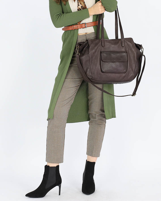 Torebka damska trzykomorowa shopperka skórzana - MARCO MAZZINI ciemny brąz