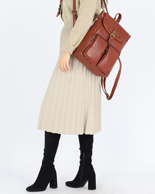 Damski plecak miejski skórzany A4 retro style - MARCO MAZZINI brąz whisky