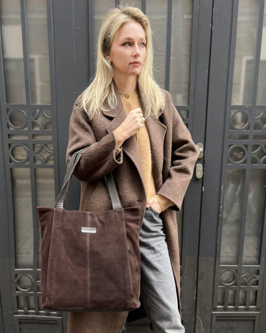 Miękka torba zamszowa skórzana shopper na ramię - MARCO MAZZINI - ciemny brąz