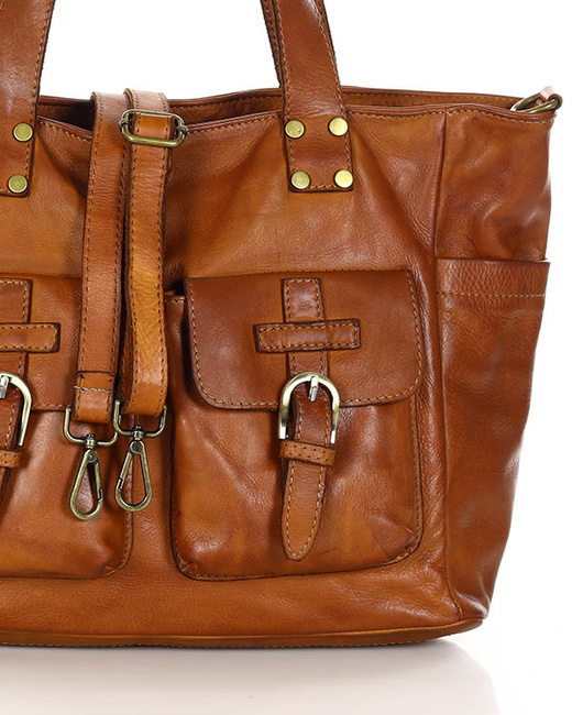 Torba skórzana shopper XL na ramię z dwoma kieszeniami MARCO MAZZINI brąz camel