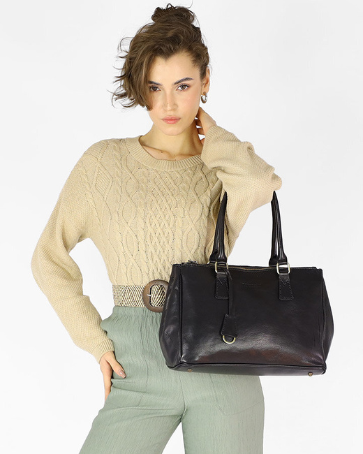 Torebka skórzana dwukomorowa kuferek premium - MARCO MAZZINI czarny