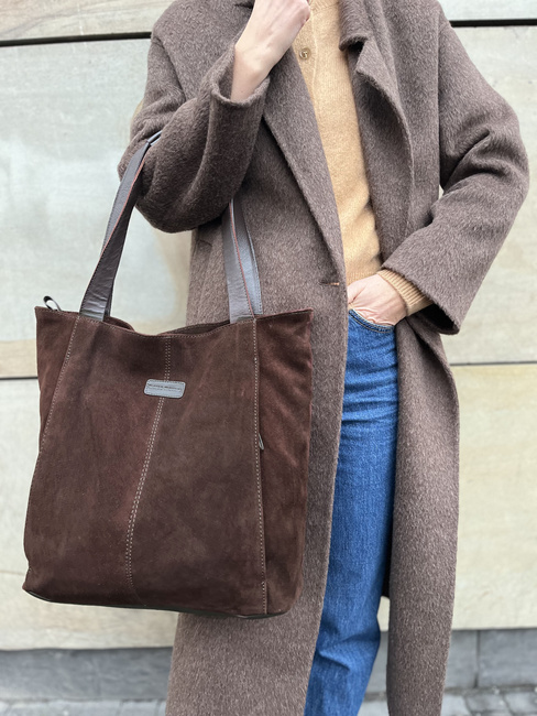 Miękka torba zamszowa skórzana shopper na ramię - MARCO MAZZINI - ciemny brąz