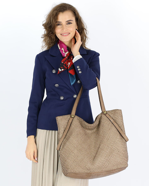 Duża torebka pleciona shopperka ze skóry - MARCO MAZZINI beżowa