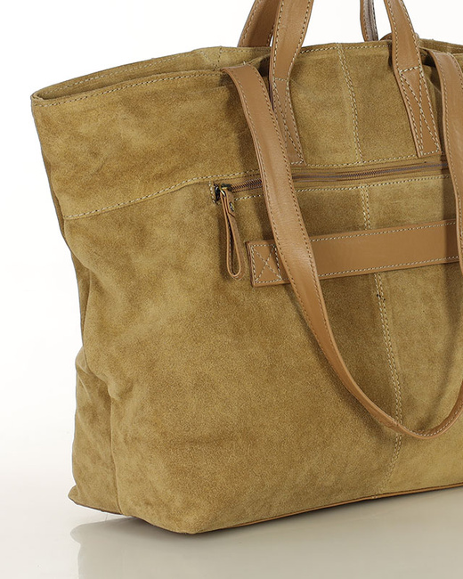 Duża torba zamszowa skórzana podwójne rączki - MARCO MAZZINI beżowa