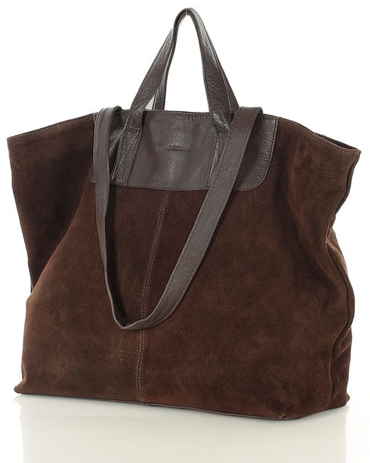 Duża torba zamszowa skórzana podwójne rączki - MARCO MAZZINI ciemny brąz