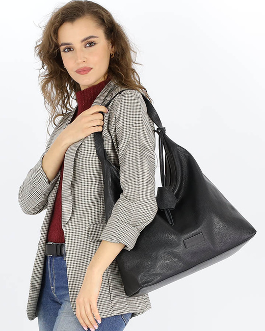 Torebka damska worek hobo bag skóra naturalna - MARCO MAZZINI czarna