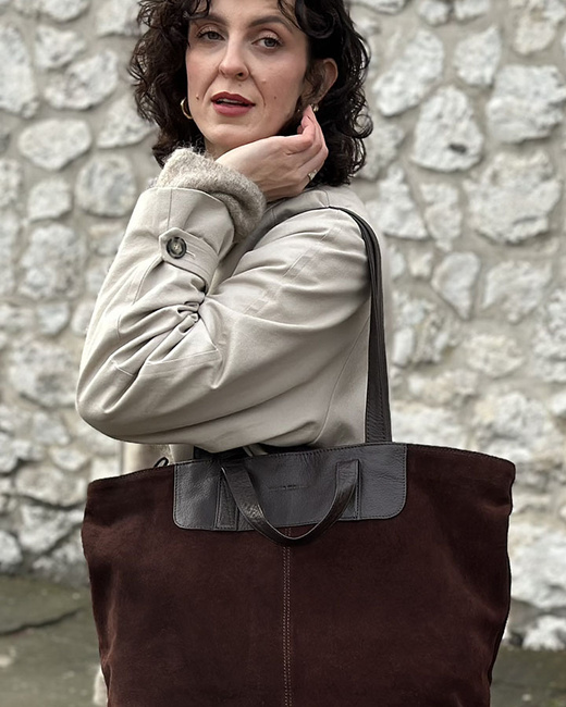 Duża torba zamszowa skórzana podwójne rączki - MARCO MAZZINI ciemny brąz