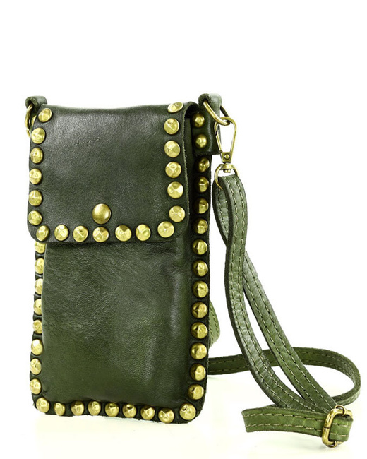 Torebka na telefon z dżetami skórzana phone case - MARCO MAZZINI zielony