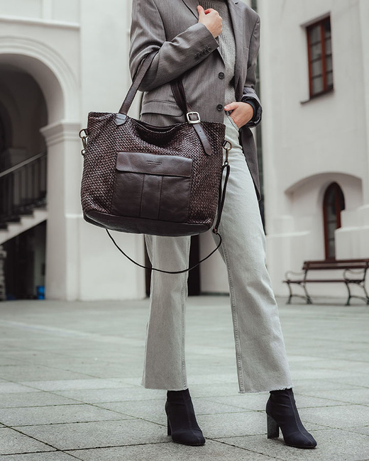 Duża torebka pleciona na ramię shopperka skórzana - MARCO MAZZINI ciemny brąz