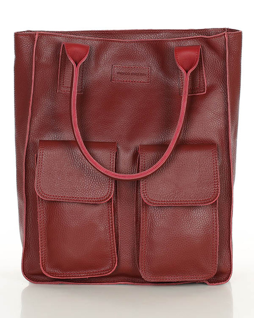 Torebka skórzany shopper bag z kieszeniami - MARCO MAZZINI ciemny czerwony