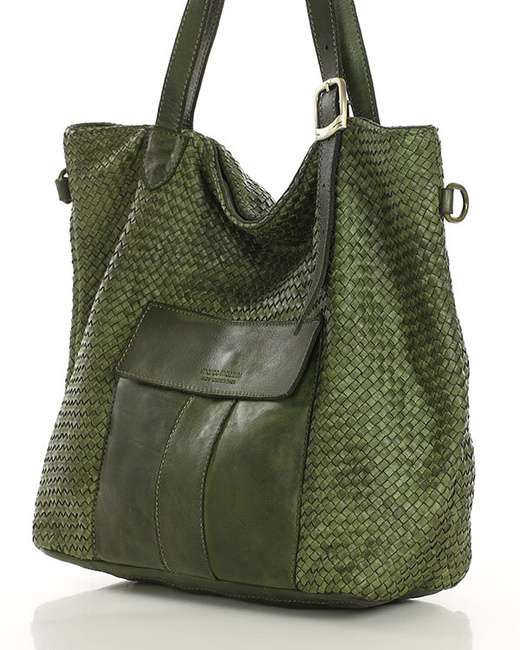 Duża torebka pleciona na ramię shopperka skórzana - MARCO MAZZINI zielona