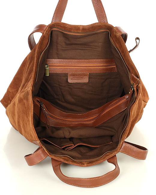 Duża torba zamszowa skórzana podwójne rączki - MARCO MAZZINI brązowa