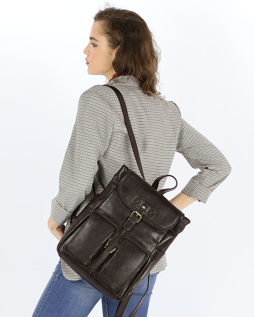 Damski plecak miejski skórzany A4 retro style - MARCO MAZZINI ciemny brąz