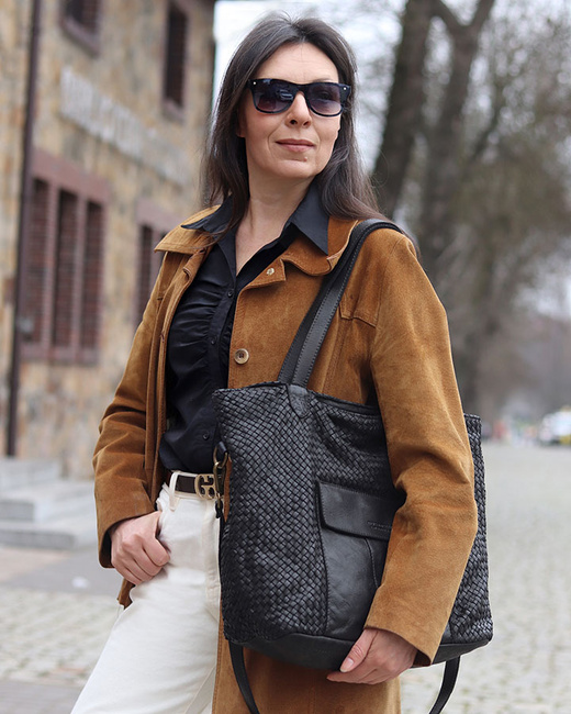 Duża torebka pleciona na ramię shopperka skórzana - MARCO MAZZINI czarna