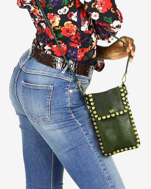 Torebka na telefon z dżetami skórzana phone case - MARCO MAZZINI zielony