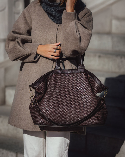 Duża torba shopper z plecionej skóry naturalnej - MARCO MAZZINI ciemnobrązowa caffe